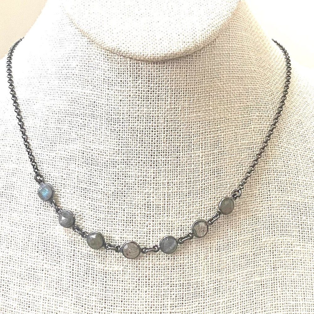 6MM Natural Labradorite Sterling Silver Black Rhodium Plated Bezel Necklace…